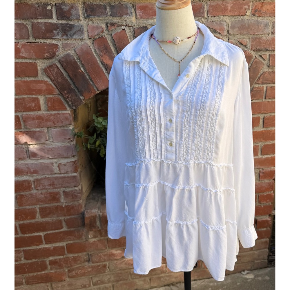 Style & Co Womens White Tiered Pintuck Lace Rayon Tunic Blouse Large Roll Tab L